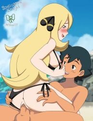 1boy 1girls beach bikini black_bikini black_swimsuit blonde_female blonde_hair blonde_hair_female breasts cowgirl_position cynthia_(pokemon) exposed_breasts female happy_female happy_sex male mbhen114 on_back on_beach on_ground pokemon pokemon_(anime) pokemon_dppt pokemon_dppt_(anime) pussy sand satoshi_(pokemon) sex smile spellcaster_knight swimsuit vaginal_insertion vaginal_penetration vaginal_sex wrist_grab