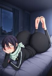 1boy ai_generated ass astroodragon_(ai_generated) bed bedroom big_ass big_butt black_hair blue_eyes bottom_heavy feet femboy flat_chest gigantic_ass huge_ass huge_butt lying lying_on_bed lying_on_stomach male musky_butt night noragami scarf short_hair soles steam steamy steamy_ass sweat sweaty sweaty_ass sweaty_butt tight_pants track_jacket track_pants track_suit twink yato_(noragami)