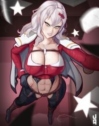abs breasts goddess_of_victory:_nikke light-skinned_female light_skin thighs white_hair yellow_eyes yulha