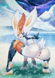 anthro anus ass bedroom_eyes cinderace clothing crouching detailed_anus detailed_background feet female fingerless_gloves fur generation_8_pokemon genitals gloves handwear humanoid_feet lagomorph legwear looking_back mammal narrowed_eyes nintendo outside paws plantigrade pokemon pokemon_(species) presenting presenting_hindquarters rear_view red_eyes seductive snow snowing soles solo stirrup_(marking) stirrup_legwear stirrup_stockings stockings tail text toeless_legwear toeless_stockings toes tongue vulva white_body white_fur xu53r