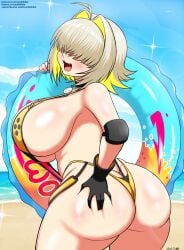 absurdres ahoge ass beach blonde_hair breasts curvy day elegg_(boom_and_shock)_(nikke) elegg_(nikke) female goddess_of_victory:_nikke grabbing_own_ass hair_intakes hair_over_eyes highres holding holding_swim_ring huge_ass huge_breasts innertube oerba_yun_fang open_mouth plump rabbit_ornament shiny_skin short_hair slingshot_swimsuit soulkibble swim_ring swimsuit thick_thighs thighs two-sided_gloves wide_hips yellow_slingshot_swimsuit