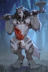 animal_genitalia animal_penis axe ball_tuft balls beard big_penis black_nipples bodily_fluids braided_beard braided_mane canid canine canine_genitalia claws erection facial_hair fangs finger_claws fur furgonomics furry-specific_piercing genital_piercing genitals grey_body grey_fur hi_res male mammal mjodvitnir muscular muscular_male mythological_canine mythological_creature mythology nipples patto penis piercing red_eyes sheath sheath_piercing smile solo tail teeth toe_claws tuft werecanid werecanine werecreature werewolf
