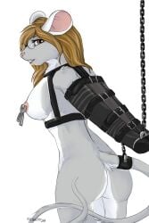 2014 2:3 anthro armbinder ass binder_(restraint) bondage bondage_gear bound breasts buckteeth chains eyewear female glasses hi_res kittentits mammal mouse murid murine nipples nude restrained restraints rodent sideboob solo submissive submissive_female tail tail_bondage tail_tied teeth