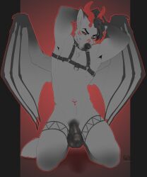 2019 abs anthro balls bambii_dog bedroom_eyes canid canine demon genitals glistening glistening_balls glistening_genitalia glistening_penis glowing glowing_eyes hands_above_head harness hi_res horn humanoid_genitalia humanoid_penis jake_aries kneeling looking_at_viewer male mammal markings muscular muscular_male narrowed_eyes navel penis red_eyes red_horn seductive solo tail wings
