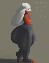 2025 anthro ass big_bulge big_butt black_bottomwear black_clothing black_eyebrows black_pants black_shirt black_topwear bottomwear bulge clothing colored dialogue digital_media_(artwork) ears_down english_text eyebrows generation_8_pokemon grey_background hair hi_res huge_butt huge_thighs lagomorph leporid looking_back male mammal multicolored_body nintendo pants pivoted_ears pleasantlyplumpthiccness pokemon pokemon_(species) rabbit raboot red_eyes scut_tail shaded shirt short_tail side_view simple_background solo tail text thick_thighs topwear white_ears white_hair white_tail yellow_nose