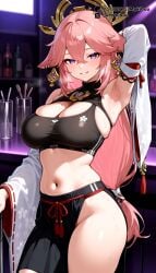 _long_hair ai_generated alternate_costume animal_ears arm_behind_head arm_up armpits bar_(place) bare_shoulders black_sports_bra blush bottle breasts cleavage cowboy_shot crop_top crossed_bangs cup detached_sleeves earrings female floppy_ears fox_ears genshin_impact grin groin hair_between_eyes hair_ornament indoors japanese_clothes jewelry large_breasts long_hair looking_at_viewer low-tied_long_hair midriff mykibuu navel no_panties parted_lips pink_hair presenting_armpit purple_eyes side_slit skindentation skirt smile solo sports_bra stomach sweat thighs turtleneck wide_sleeves yae_miko