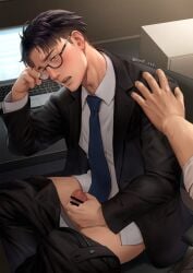 2boys black_eyes black_hair censor_bar censored censored_penis duo erection exposed eyelashes frenulum frown gay glasses hand_on_head hand_on_shoulder hi_res holding_penis indoors laptop looking_at_viewer male male/male male_only masturbation mature_male minato_(mondi_xxx) mondi_xxx necktie office original original_character pants_down penis pointless_censoring retracted_foreskin rolled_up_sleeves short_hair sitting suit suit_and_tie underwear_down unzipped yaoi