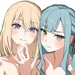 2girls absurdres add_leir bang_dream! bang_dream!_it's_mygo!!!!! blonde_hair blush chinese_commentary closed_mouth commentary_request hair_between_eyes hand_up highres medium_hair misumi_uika multiple_girls nude purple_eyes pussy_juice pussy_juice_on_fingers sidelocks simple_background togawa_sakiko white_background yellow_eyes yuri