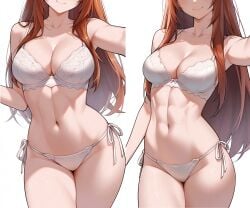 ai_assisted ai_generated bra brown_hair fanart female female_focus female_only green_eyes long_hair melonprime panties parted_bangs posing pov self_upload thighs two_panel_image zavalr