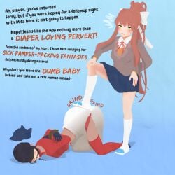 arms_tied ball_gag blindfold blue_shoes brown_hair cuckquean diaper doki_doki_literature_club humiliation miside mita_(miside) monika_(doki_doki_literature_club) stepped_on white_bow white_stockings