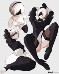 arms_behind_head arms_tied_above_head armwear ass big_ass bikini black_dress black_nails black_thighhighs breast_window dress eye_patch hand_on_breast headband high_angle isavi kneeling large_ass looking_at_viewer looking_up_at_viewer lying lying_on_back multiple_views nier:_automata on_knees painted_nails short_hair skirt_lift thick_thighs thighhighs thighs toes white_bikini white_hair white_undershirt yorha_2b