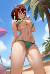 1girls 2d ai_generated ass ayase_momo barefeet big_ass big_breasts bikini breasts dandadan earrings erophoenix feet female female_focus full_body looking_at_viewer looking_back nude pale_skinned_female patreon_username smile soles solo solo_female sweat swimsuit thick thick_thighs toes uncensored