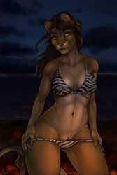 2016 amber_eyes anthro athletic bare_shoulders beach bikini black_bottomwear black_clothing black_topwear blue_sky breasts brown_fur brown_hair brown_tail cleavage clothed clothing cloud collarbone countershading dusk eyebrows eyelashes feline female front_view fur hair hi_res imara_(czarreynard) inner_ear_fluff lion mammal melzi midriff navel night open_mouth outside panties panties_down partially_clothed pink_nose pinup portrait pose pussy sea seaside sky solo swimsuit tan_fur teeth three-quarter_portrait underwear undressing water white_bottomwear white_topwear