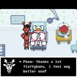 after_sex all_fours anthro asgore_dreemurr ass balls beard big_butt blonde_hair bodily_fluids body_hair boss_monster_(undertale) bovid caprine chair chest_hair clothing cum cum_drip cum_dripping_from_ass cum_in_ass cum_inside cum_overflow deltarune digital_media_(artwork) dripping duo english_text facial_hair flower fur furniture genital_fluids genitals goat hair hi_res horn hospital huge_butt joalmidon male male/male mammal mature_anthro mature_male nipples nude penis pixel_(artwork) plant rear_view rose_(flower) rudolph_holiday size_difference skinny smile text undertale undertale_(series) white_body white_fur
