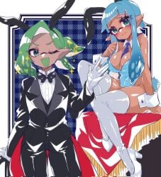 blue_hair blush bunny_ears bunnysuit cane dark_skin embarrassed fangs green_eyes green_hair high_heels inkling_boy inkling_girl large_breasts miiinatochanowo sage_(splashv) skylar_(splashv) splatoon thighhighs tie tie_between_breasts tuxedo white_thighhighs