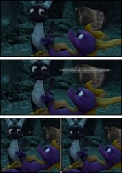 3d_(artwork) absurd_res activision angry balls cave comic dark_body dark_spyro digital_media_(artwork) dragon drakeledragon duo feral funny_face genitals hi_res horn humor looking_at_another male male/male mythological_creature mythological_scalie mythology penis purple_body purple_eyes red_eyes rope scalie source_filmmaker_(artwork) spyro spyro_the_dragon tail text wings yellow_balls yellow_body yellow_penis