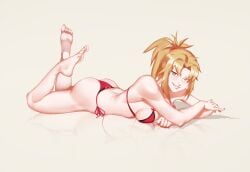 big_ass big_breasts big_butt big_thighs big_titties bikini blonde_hair clothing curvaceous curvaceous_female curvaceous_figure curvy curvy_figure curvy_hips fate_(series) feet female female_focus female_only light-skinned_female light_skin looking_at_viewer lying_on_back lying_on_stomach mordred_(fate) puraraw short_hair smirk yellow_hair