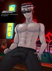 4k abs black_pants bulge bulge_through_clothing chance_(forsaken) dialogue fedora forsaken_(roblox) male nexophyte roblox roblox_game robloxian white_hair white_skin yaoi