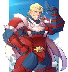 armor arthur_(fire_emblem_fates) bara blonde_hair blue_eyes dilf erection fire_emblem_fates intelligent_systems male nintendo smile yaoi