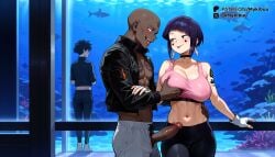 2boys _male abs ai_generated alternate_breast_size aquarium arm_tattoo audio_jack bald black_choker black_hair black_jacket blush boku_no_hero_academia breasts choker dark-skinned_male dark_skin earrings erection facial_mark facial_tattoo female fingerless_gloves fish gloves grabbing grabbing_another's_breast hand_on_another's_hip interracial jacket jewelry jirou_kyouka kyoka_jiro large_breasts long_earlobes looking_at_another multiple_boys my_hero_academia mykibuu navel netorare pants penis purple_hair short_hair shoulder_tattoo smile sports_bra standing stomach straight tattoo thigh_gap tongue tongue_out uncensored underwater white_gloves yoga_pants