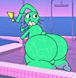 anthro ass backsack balls bent_ears big_butt exclamation_point fur genitals green_body green_fur huge_butt jaden_salads jyongad lagomorph liminal_spaces male mammal pear-shaped_figure pole pool scut_tail short_tail shower solo surprised tail teeth thick_thighs water whiskers wide_hips