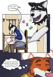 absurd_res anthro canid canine canis clothed clothing comic dialogue digital_media_(artwork) domestic_dog duo english_text erection family fellatio fox genitals hi_res humor husky lgbt love male male/male mammal nordic_sled_dog oral oral_penetration penetration penile penis romantic romantic_couple sagilmito sex simple_background slice_of_life spitz text