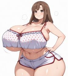 :> abs ai_generated arm_behind_back breasts camisole digimon digimon_liberator female gigantic_breasts hand_on_hip kinosaki_arisa pixai polka_dot short_shorts stable_diffusion steam sweat sweaty thick_hips thick_thighs wide_hips