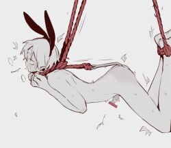 1boy animal_ear_hairband animal_ears blush bondage bondage bound cum ejaculation fake_animal_ears fucafucamold full-face_blush hairband hook male_focus nipples original penis rabbit_ear_hairband rabbit_ears short_hair solo strangling trembling
