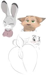 anthro ass blush canine closed_eyes clothed clothing disney dotkwa duo female fox half-closed_eyes judy_hopps lagomorph looking_at_viewer looking_back male mammal nick_wilde nude presenting presenting_hindquarters pussy rabbit simple_background sketch white_background zootopia