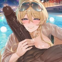 1boy ai_generated bangs bikini bismarck_(azur_lane) bismarck_zwei_(azur_lane) bismarck_zwei_(crystal-clear_holiday)_(azur_lane) blonde_hair blue_eyes blush breasts clothing curvaceous_female dark-skinned_male dark_skin duxvector earrings erection eyewear eyewear_on_head female female genshin_impact grin hair_between_eyes heart heart-shaped_pupils huge_cock interracial jewelry large_breasts large_penis long_hair looking_at_penis looking_at_viewer male necklace netorare night nipples ntr nude outdoors penis pool shirt smile solo_focus straight sunglasses sweat swimsuit symbol-shaped_pupils testicles veins veiny_penis water wet