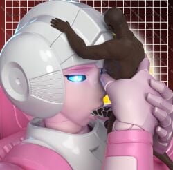 transformers arcee human human_male dark-skinned_male blowjob pink_body white_highlights blue_eyes bigger_female smaller_male faceless_male soundpunk501 2026 3d 3d_render 3d_(artwork)