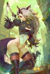 1girls ai_generated anthro big_breasts blush breasts cosplay ear_piercing ears female furry grey_fur grey_hair hair_over_one_eye hellhound helluva_boss long_hair looking_at_viewer loona_(helluva_boss) notched_ear sword tagme tail two_tone_body two_tone_fur two_tone_tail weapon white_body white_eyes white_fur wolf wolf_girl yorha_2b_(cosplay)
