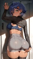 ahoge ai_generated ass ass_grab back belle_(zenless_zone_zero) black_nails black_shirt black_sports_bra black_thighhighs blue_hair blue_sports_bra blush breasts clothes_lift cowboy_shot dark-skinned_female dark_skin earrings female fingernails from_behind green_eyes grey_skirt grin hair_between_eyes hair_ornament hairclip jewelry large_breasts locker locker_room long_sleeves looking_at_viewer looking_back medium_breasts mykibuu nail_polish necklace parted_lips pencil_skirt piercing shirt shirt_lift short_hair side_slit skirt smile solo sports_bra sweat tan tanlines thighhighs thighs zenless_zone_zero zettai_ryouiki