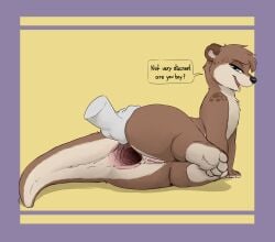 2025 ambiguous_gender anthro anus ass bedroom_eyes black_nose blue_eyes border brown_body brown_fur brown_spots butt_grab disembodied_hand duo english_text feet female female/ambiguous female_anthro female_focus fur gaping gaping_anus genitals hand_on_butt hi_res legs_together looking_at_viewer lying male male_(lore) mammal mustelid narrowed_eyes neemyart nude on_side open_mouth open_smile otter plantigrade purple_border pussy seductive simple_background smile soles solo_focus speech_bubble spots spread_anus spread_butt spreading talking_to_another tan_body tan_fur text thick_thighs vulva yellow_background