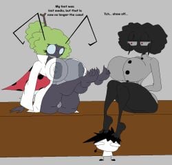 1boy 2girls areolae barefoot big_breasts breasts clothed clothed_female coat feet female full_body keelgabeytheart labcoat male nipples original scientist sitting size_difference someone_else's_oc