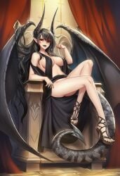 ai_generated big_breasts black_clothing black_hair black_lipstick black_nails clothing demon demon_girl dragon_girl eyeliner fangs female horns long_horns long_legs lounging novelai pale-skinned_female partially_clothed pointy_ears red_eyes revealing_clothes royalty sandals self_upload sharp_nails sharp_tail sitting tail throne wings