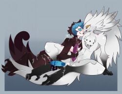 avian bird caladrius_(helluva_boss) cum cum_on_body demon feathers gay helluva_boss masturbation messy penis