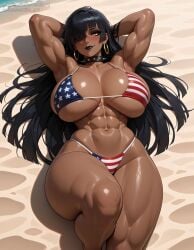 1girls ai_generated american_flag_bikini andressa_(coffee) arms_behind_head beach black_hair black_lipstick dark-skinned_female huge_breasts lying muscular muscular_female on_back original original_character sunbathing vertiloart