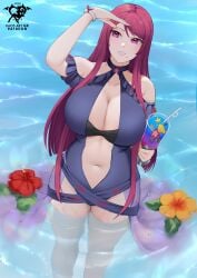 absurdres artist_logo artist_name bare_shoulders blue_one-piece_swimsuit breasts casual_one-piece_swimsuit cleavage clothing_cutout cup dress_swimsuit drinking_straw female fire_emblem fire_emblem_engage fire_emblem_heroes flower highres holding holding_cup huge_breasts ivy_(fire_emblem) ivy_(summer)_(fire_emblem) kaos_art logo long_hair mole mole_under_mouth navel nintendo ocean official_alternate_costume one-piece_swimsuit outdoors partially_submerged patreon_username purple_eyes purple_hair solo stomach stomach_cutout swimsuit teeth very_long_hair water