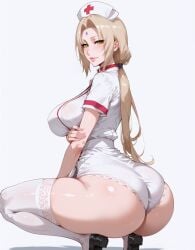 ai_generated big_ass big_breasts blonde_hair breasts dirty_blonde_hair female huge_ass kneeling lewdwaifulaifu looking_at_viewer looking_back naruto nurse nurse_clothing nurse_uniform slim_waist squatting thick_thighs tsunade
