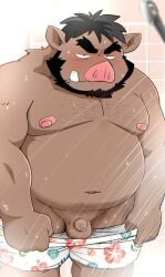 2025 anthro balls beard belly big_belly blush censored clothing facial_hair flaccid genitals hi_res kemono male mammal micropenis moobs navel nipples overweight overweight_male penis shibatanukiti shower small_penis solo suid suine sus_(pig) underwear wild_boar