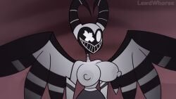 angel angel_humanoid big_breasts black_body black_feathers blush breasts empty_eyes exorcist_(hazbin_hotel) feathers female female_only grey_body halo hazbin_hotel hi_res horn humanoid lewdwhorse nipples open_mouth open_smile smile solo thick_thighs vivienne_medrano white_body white_eyes white_feathers wings
