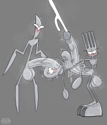 fork gay hyper hyper_balls hyper_cum hyper_feet hyper_penis inanimate_object knife r0b0t signature simple_background spoon threesome twitter_link yaoi