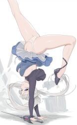 100wang 1girls blue_eyes female handstand looking_at_viewer myrtenaster rapier rwby sword weapon weiss_schnee white_hair