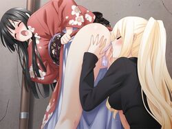 2girls black_hair blonde_hair blush clitoris closed_eyes cunnilingus decensored dress dress_lift eyebrows eyebrows_visible_through_hair floral_print game_cg highres kimono kirishima_shizuku kneeling long_hair multiple_girls oral panties panties_aside ponytail pussy shiny shiny_skin shitogi_eris sono_hanabira_ni_kuchizuke_wo tied_hair tongue tongue_out uncensored underwear yuri