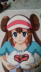 1boy blue_eyes blush breast_grab breasts brown_hair cum cum_on_clothes cum_on_face dark-skinned_male drawing facial female hasamimushi hat human large_breasts long_hair looking_at_viewer male masturbation nintendo nipples paizuri paizuri_over_clothes penis photo_(medium) pokemon rosa_(pokemon) shirt tears