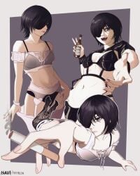 ass ass_visible_from_the_front beer beer_bottle big_ass bikini black_bikini black_hair black_pants chainsaw_man cigarette eyepatch fangs fishnets grey_eyes himeno_(chainsaw_man) isavi knees_up leaning leaning_back legs_up lingerie looking_at_viewer looking_away lying lying_down lying_on_stomach multiple_views panties partially_clothed reaching_out reaching_towards_viewer serious_look sharp_teeth short_hair small_breasts smoke smoking standing straps_across_chest thick_thighs thighhighs thighs