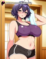 1girls 2025 ahoge ai_assisted ai_generated anime artist_name big_breasts big_chest blush breast breasts bust busty chest clothed_female collarbone covered_nipples eyebrows_visible_through_hair female_focus female_only gushing_over_magical_girls hair_between_eyes hi_res high_quality high_resolution highres hiiragi_utena holding_towel indoors large_breasts looking_at_viewer mahou_shoujo_ni_akogarete navel open_mouth patreon patreon_username purple_hair short_hair short_shorts shorts skypassion smile solo sports_bra sports_shorts sports_uniform sportswear stable_diffusion sweat tank_top thighs towel watermark yellow_eyes