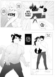 anthro ass bottomwear breasts brick_wall canid clothing comic corablue dialogue digital_media_(artwork) domestic_cat english_text felid feline felis female footwear gynomorph_(lore) hair heart_symbol hi_res holding_character male male/female mammal nipples nude outside pants plant road shirt shoes short_hair standing tail text throwing_character topwear tree wall_(structure)