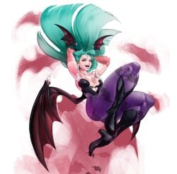 big_breasts big_butt big_thighs big_titties breasts cleavage clothing curvaceous curvaceous_female curvaceous_figure curvy curvy_figure curvy_hips darkstalkers female female_focus female_only green_hair long_hair looking_at_viewer morrigan_aensland puraraw wings_on_head